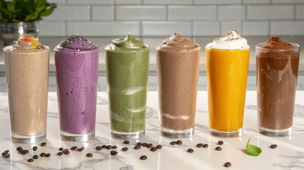 8 high protein smoothies for weight loss arranged on counter with 25+ grams protein each formula - weight loss breakfast collection