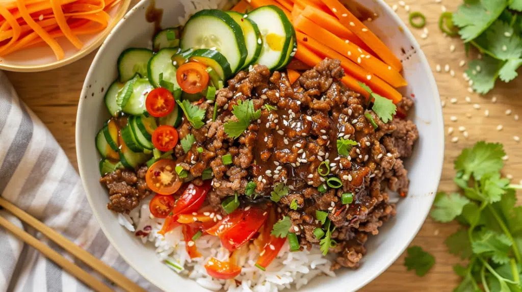Hot honey ground beef bowls with glazed caramelized beef over white rice, fresh cucumber slices, cherry tomatoes, and julienned carrots in white bowl