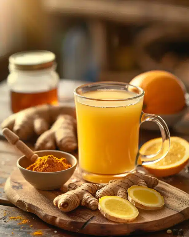Immunity Shield fall wellness drink with fresh ginger, turmeric, and citrus - natural immune support beverage recipe