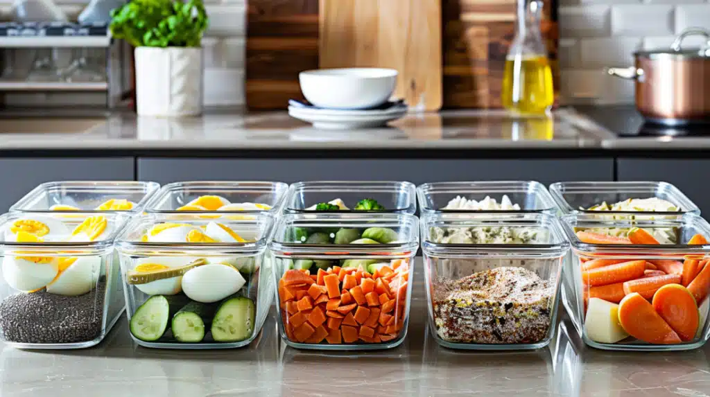 Keto breakfast meal prep containers with portioned proteins, fats, and vegetables for the week