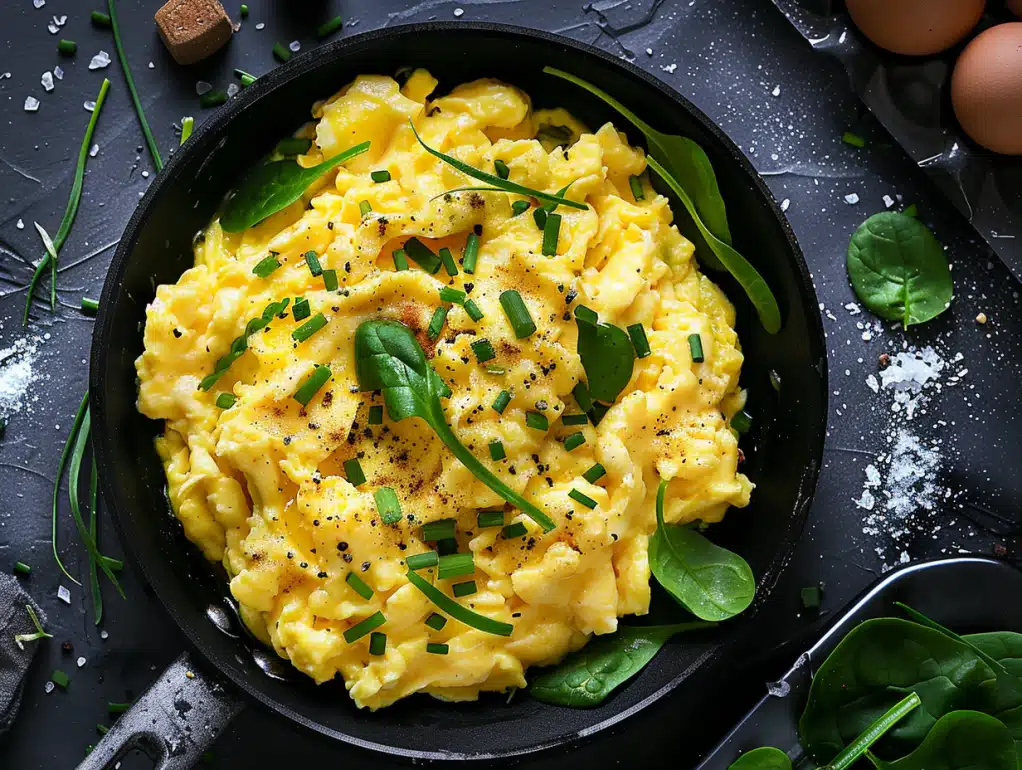 Keto High Protein Breakfast. Keto creamy scrambled eggs with herbs recipe - 247 calories, 26g protein, 2g net carbs