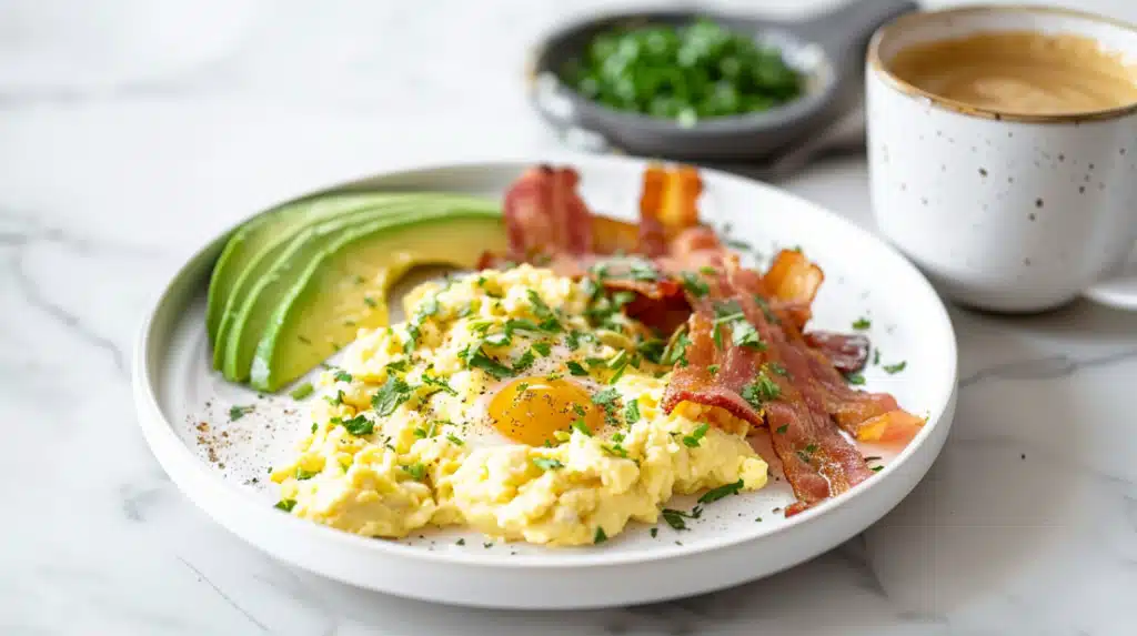 Keto high-protein breakfast recipes under 300 calories featuring eggs, avocado, and bacon on marble countertop