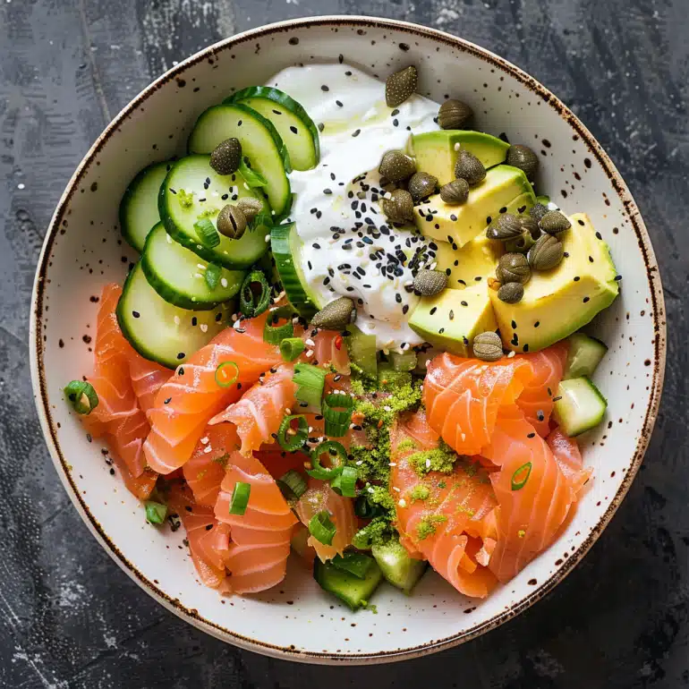 Keto salmon and avocado breakfast bowl recipe - 252 calories, 28g protein, 3g net carbs