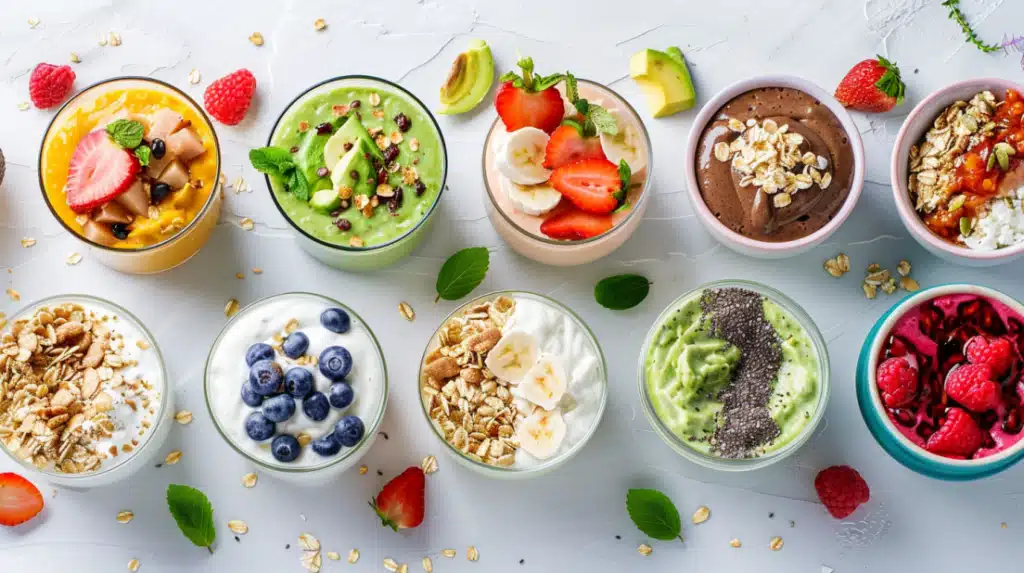 10 no-cook high-protein breakfast ideas arranged on counter - overnight oats, yogurt bowls, smoothie bowls with 20+ grams protein each