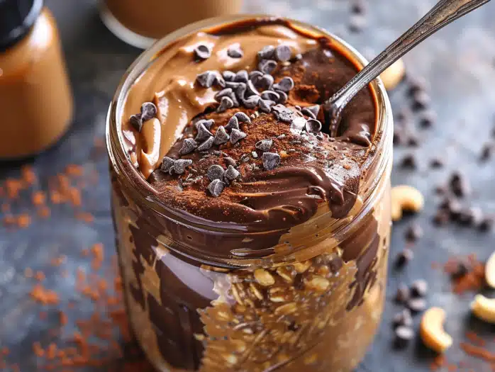 Peanut butter chocolate overnight oats no-cook high-protein breakfast with 32g protein showing creamy layers
