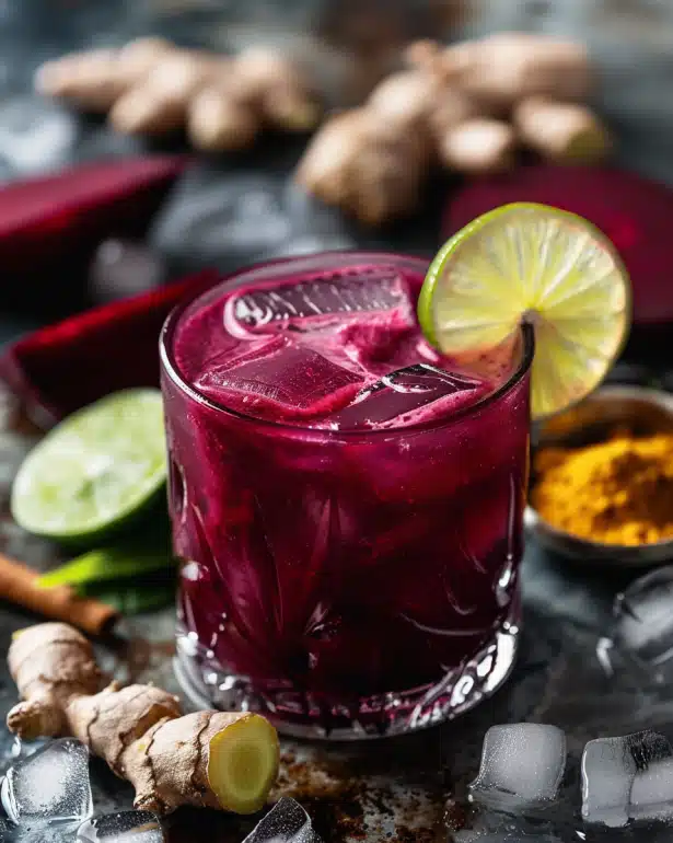 Pre-Workout Energizer natural energy drink homemade with beetroot, cold brew coffee, and ginger for exercise performance enhancement