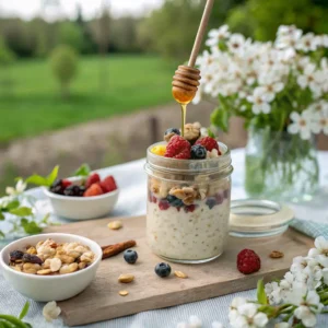 Glass jar of protein packed overnight oats topped with fresh berries and nuts, with honey being drizzled on top using a wooden honey dipper, set on a wooden board in a garden setting with flowers