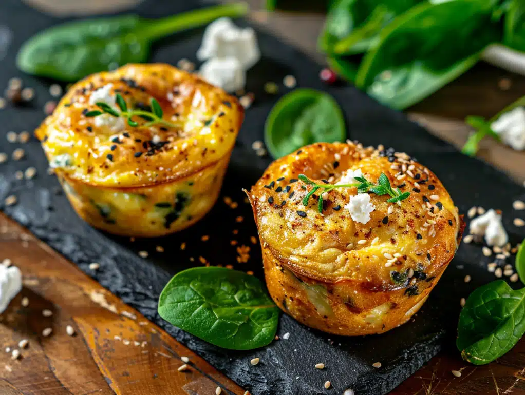 Savory high-protein breakfast muffins including everything bagel and spinach feta varieties with 15-18g protein
