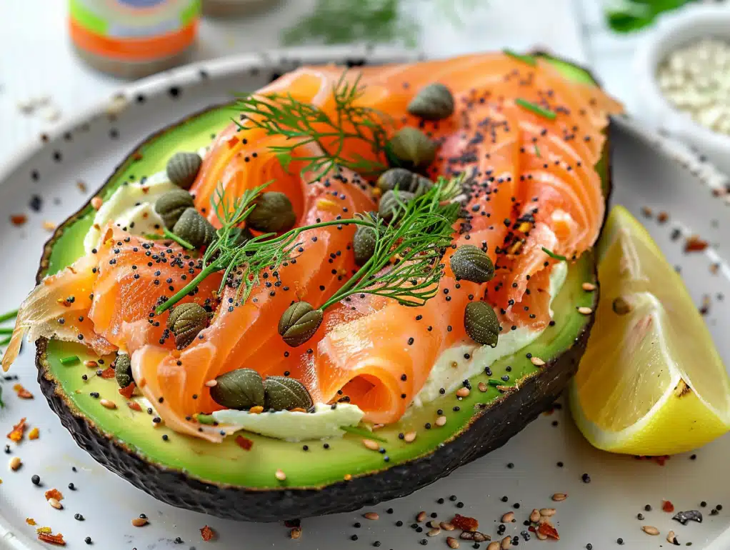 Smoked salmon avocado boat no-cook high-protein breakfast with cream cheese and capers - 25g protein, restaurant quality