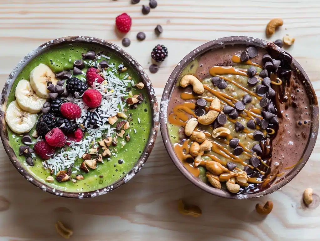 No-cook high-protein breakfast smoothie bowls - green goddess and chocolate peanut butter with 30-35g protein