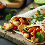 Sweet-chilli-chicken-wraps filled with grilled chicken pieces, colorful bell peppers, and fresh cilantro, served on a rustic wooden cutting board with lime wedges and dipping sauce