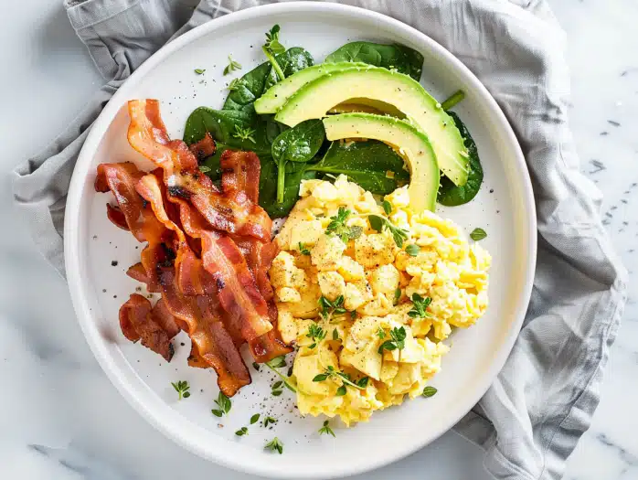 Ultimate keto breakfast plate with eggs, turkey bacon, avocado - 297 calories, 32g protein