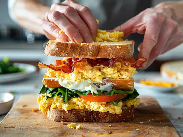 Step by step assembly of classic power stack protein breakfast sandwich with 28g protein