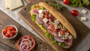 Italian grinder sandwich on wooden cutting board with chopped ingredients, lettuce, tomatoes, red onions, white cheese cubes, and deli meats on fresh sub roll