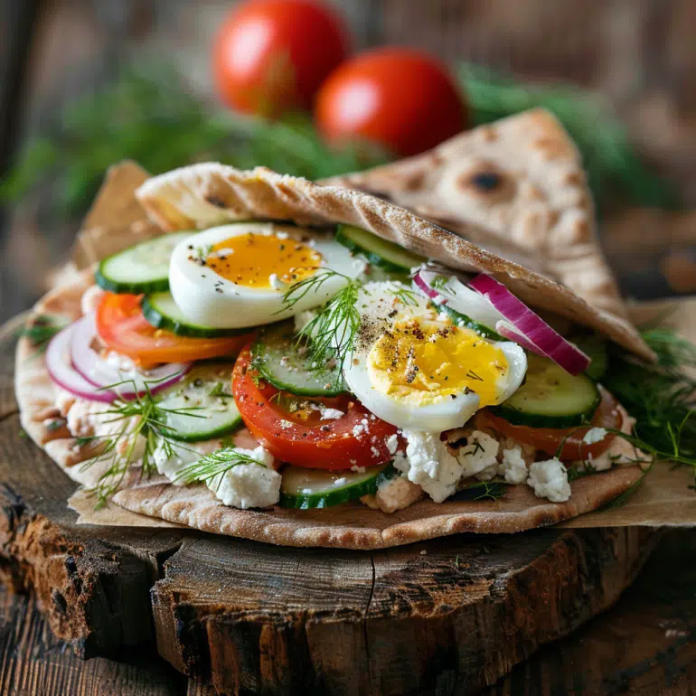 Mediterranean protein breakfast sandwich with Greek yogurt, feta, hard-boiled egg and fresh vegetables