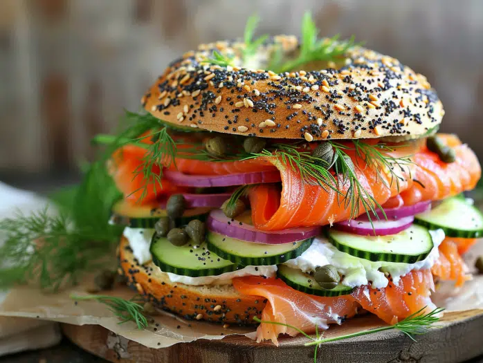 Gourmet smoked salmon protein breakfast sandwich with cream cheese, capers and fresh dill