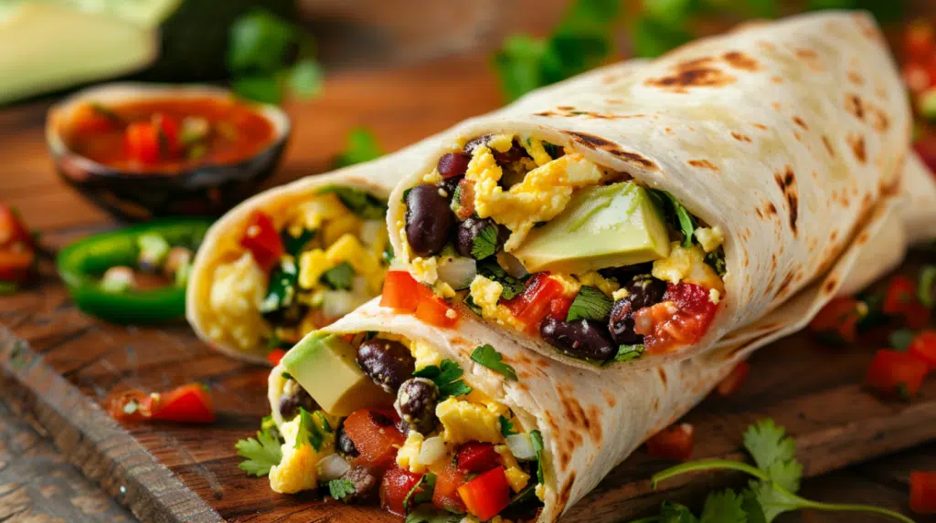 Tex-Mex protein breakfast wrap with scrambled eggs, black beans, cheese and avocado