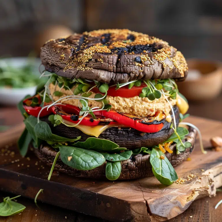 Vegan protein breakfast sandwich with portobello mushrooms, hummus, hemp hearts and vegetables