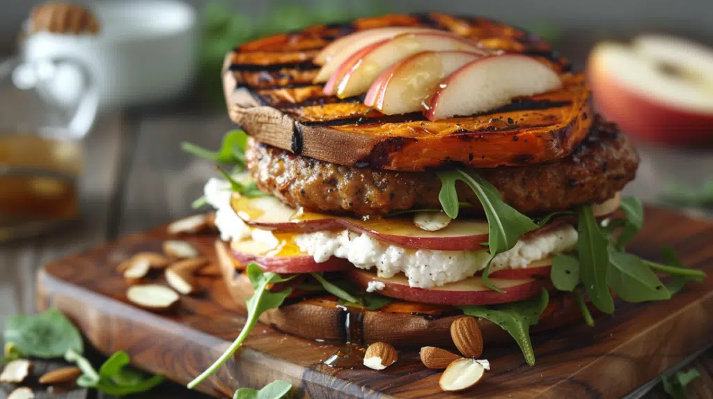 Weekend warrior breakfast sandwich with sweet potato buns, turkey sausage, goat cheese and apples