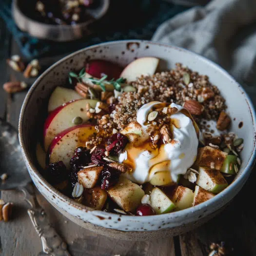 Apple cinnamon comfort protein quinoa bowl with Greek yogurt, apples and walnuts