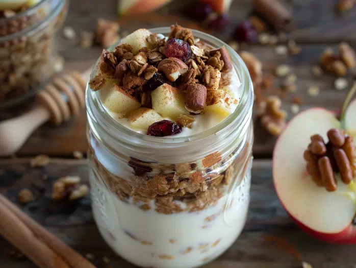 Apple Pie Comfort Greek yogurt parfait bowl with cinnamon yogurt, apples and walnuts