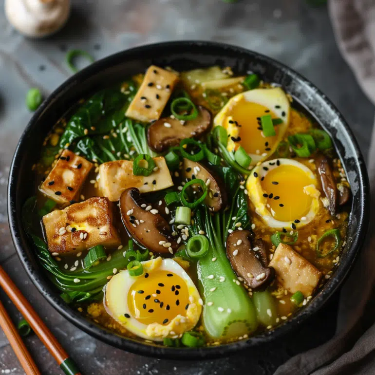 Asian-inspired egg drop breakfast soup with tofu, bok choy and mushrooms in miso broth
