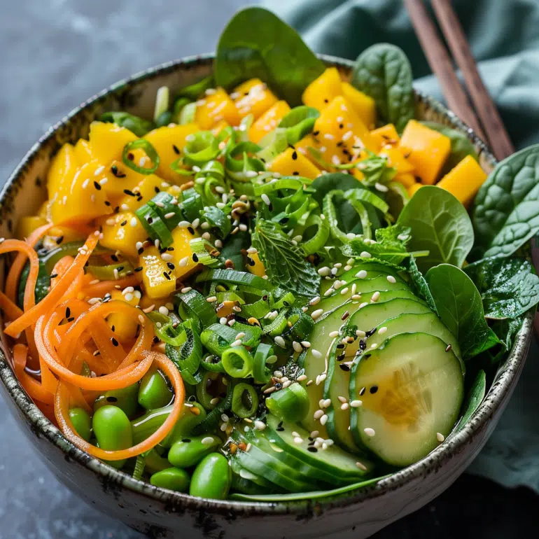 Asian-inspired energy breakfast protein salad bowl with edamame, vegetables and miso dressing