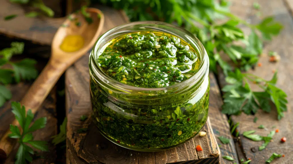 Authentic chimichurri sauce in glass jar showing vibrant green herbs and olive oil