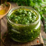 Authentic chimichurri sauce in glass jar showing vibrant green herbs and olive oil