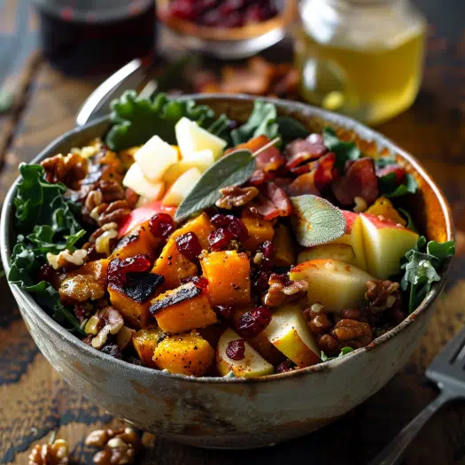 Autumn harvest breakfast protein salad bowl with roasted squash, apples and walnuts