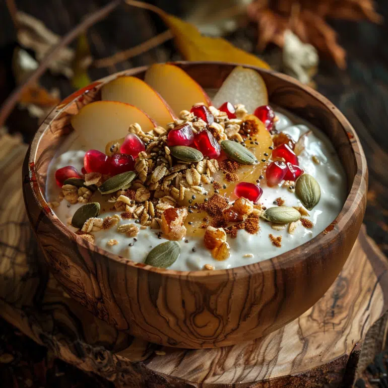 Autumn Harvest Spice Greek yogurt parfait bowl with pears, pomegranate and pumpkin spice