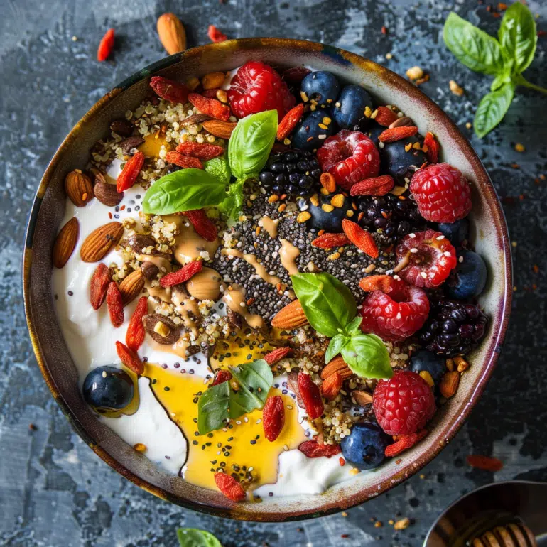 Berry almond antioxidant protein quinoa bowl with mixed berries, yogurt and almonds