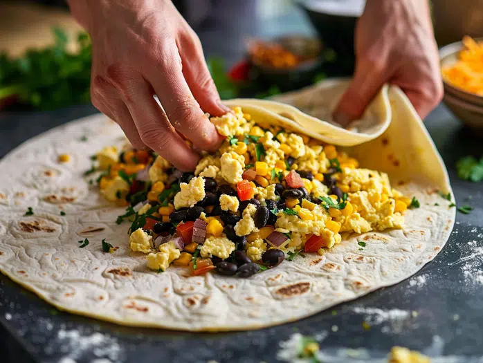 Step by step assembly process for breakfast burrito protein wraps with proper filling technique