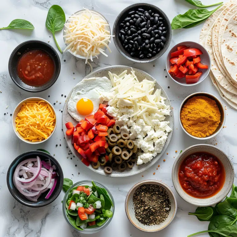 Breakfast burrito protein wrap ingredients including eggs, beans, cheese, vegetables and tortillas