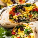 Breakfast burrito protein wraps stacked and cut to show eggs, beans, cheese and vegetable filling