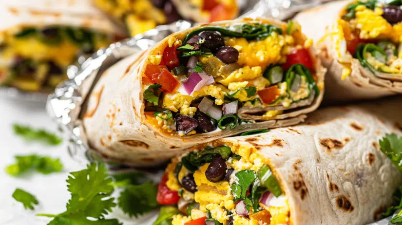Breakfast burrito protein wraps stacked and cut to show eggs, beans, cheese and vegetable filling