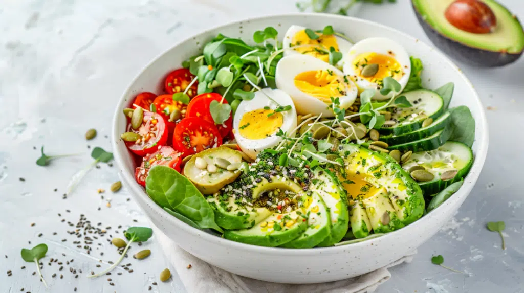 Breakfast protein salad bowl with mixed greens, hard-boiled eggs, vegetables and seeds