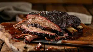 Sliced smoked beef brisket with dark bark crust on wooden cutting board with barbecue sauce and carving knife