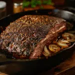 Raw beef brisket with spice rub in cast iron skillet surrounded by sliced onions, garlic, and spice jars on wooden surface
