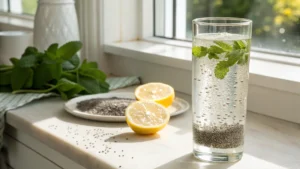 Chia water in tall glass with hydrated chia seeds at bottom, fresh mint leaves, lemon halves and scattered chia seeds on white counter