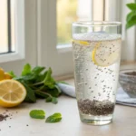 Chia water with lemon slice and hydrated chia seeds visible in tall glass on kitchen counter with fresh lemons and mint
