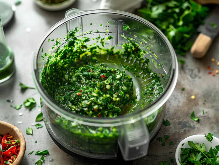 Food processor method for making chimichurri sauce with fresh herbs being pulsed