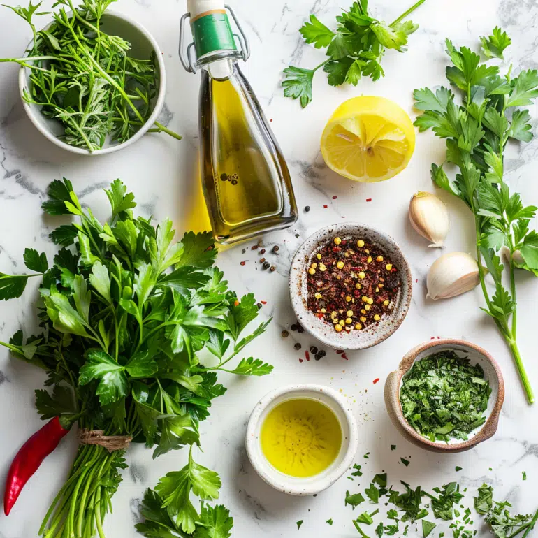 Chimichurri sauce ingredients including fresh parsley, garlic, olive oil and red wine vinegar