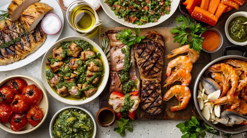 Chimichurri sauce on multiple proteins showing versatility with chicken, steak, fish and vegetables