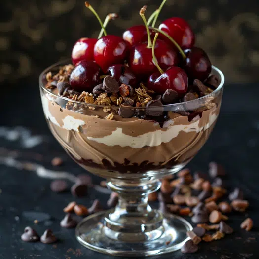 Chocolate Cherry Indulgence Greek yogurt parfait bowl with cocoa yogurt, cherries and chocolate