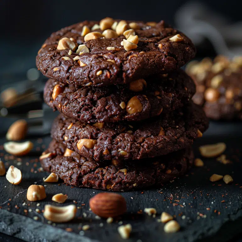 Chocolate peanut butter power high-protein breakfast cookies with peanut butter chips and nuts