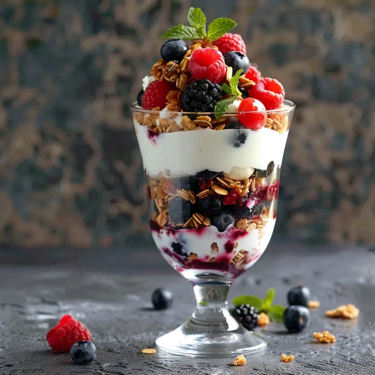 Classic Berry Bliss Greek yogurt parfait bowl with mixed berries, granola and mint garnish