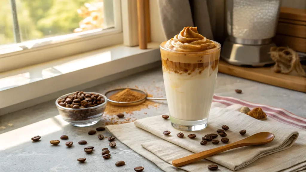 Dalgona coffee revival with golden whipped coffee foam in glass on kitchen counter with coffee beans and wooden spoon
