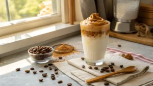 Dalgona coffee revival with golden whipped coffee foam in glass on kitchen counter with coffee beans and wooden spoon