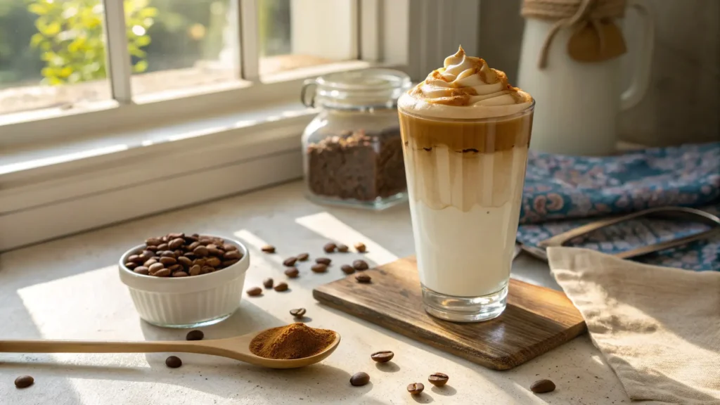 A tall glass of dalgona coffee with fluffy golden-brown whipped coffee